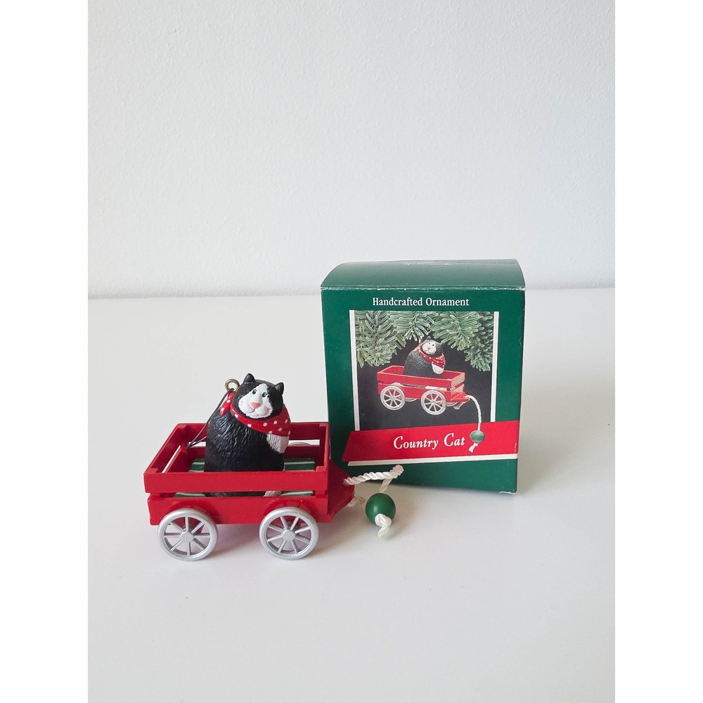 Vintage 1989 Hallmark Keepsake Ornament Country Cat in Red Wagon